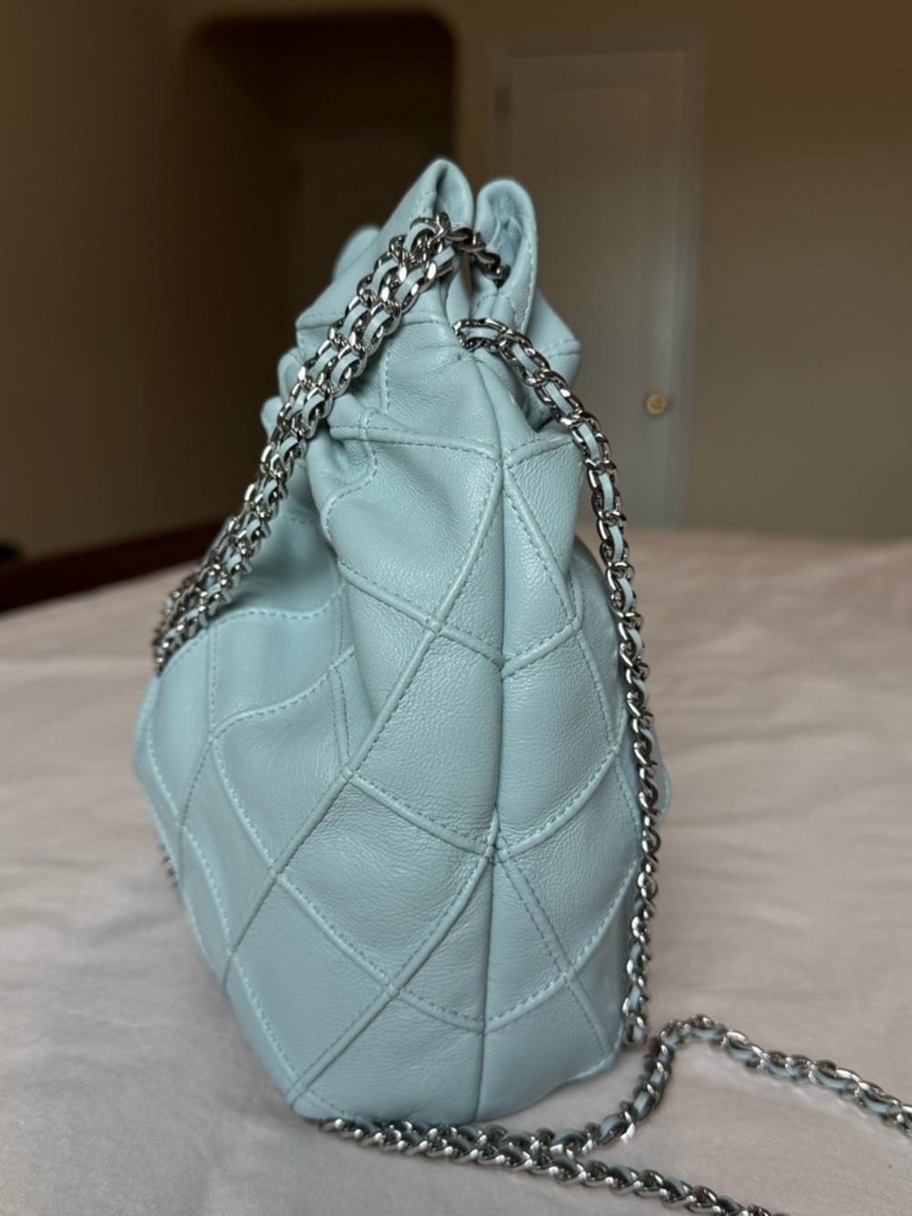 Tory Burch Fleming Mini Hobo Bag - Elegant Quilted Chain Bag - Light Blue - Picture 7 of 10